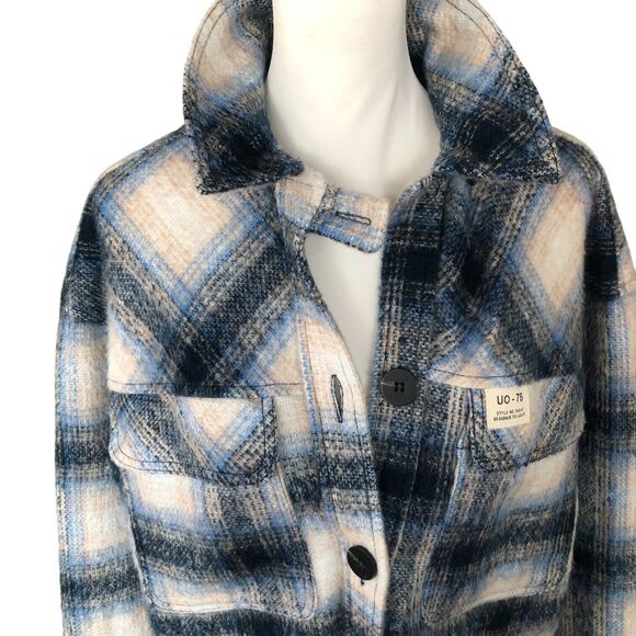 Urban Outfitters Blue White Plaid Shacket Boxy Oversized Wool Jacket Sz Small - Picture 4 of 15